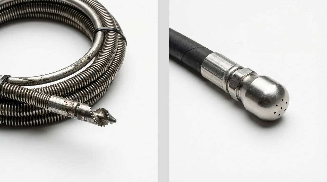 Drain snake cable and hydro jetting nozzle used for drain cleaning in Muldrow, OK