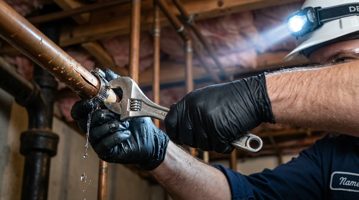 Emergency pipe clamp repair being performed by a Johns Plumbing LLC plumber in Muldrow