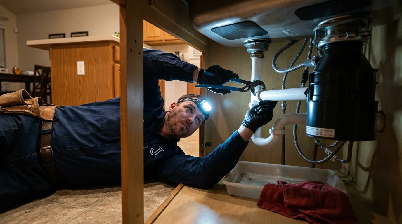 P-trap and supply line connections under a kitchen sink showing a common leak point in Muldrow, OK